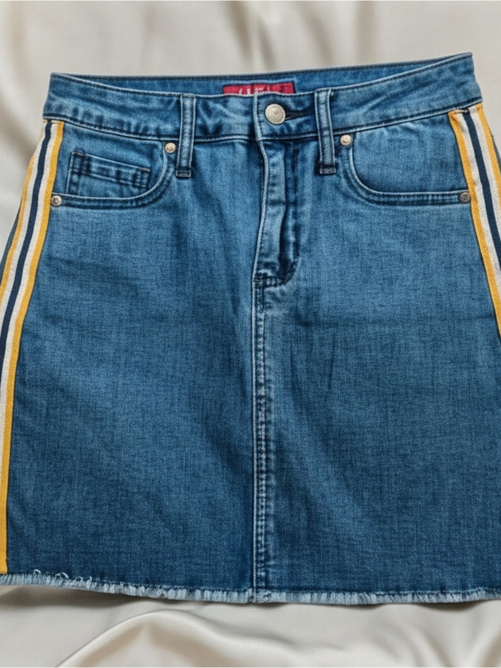 Guess Light Blue Y2K vintage Denim Skirt with Black and Yellow Side Trim